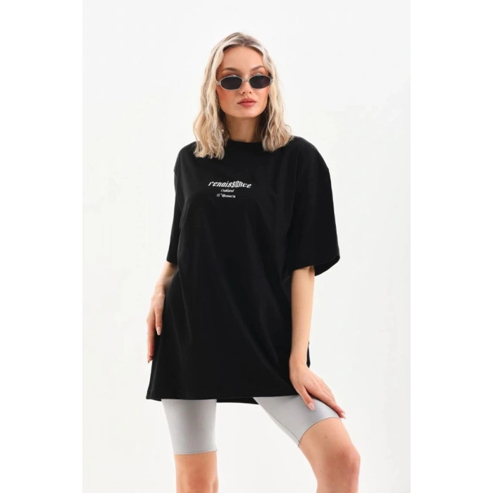 Kadın Baskılı Oversize Kısa kol  T-Shirt - Siyah