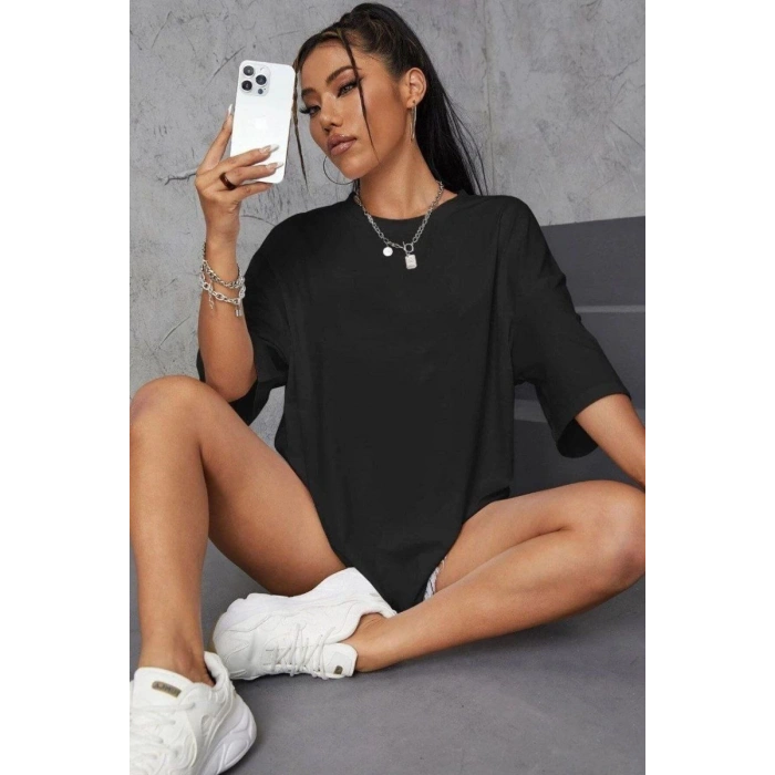 Kadın Baskılı Oversize kısa kol T-Shirt - Siyah