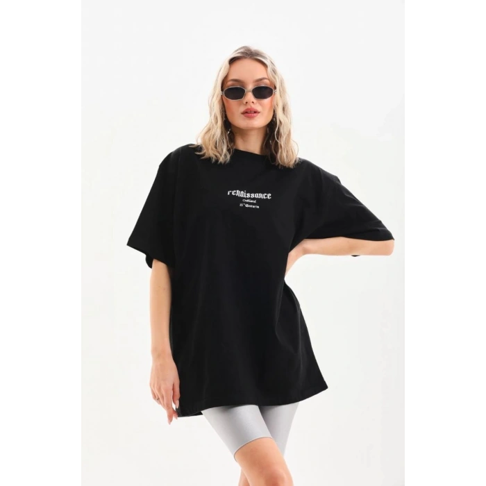 Kadın Baskılı Oversize Kısa kol  T-Shirt - Siyah