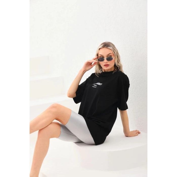 Kadın Baskılı Oversize Kısa kol  T-Shirt - Siyah