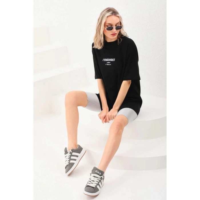 Kadın Baskılı Oversize Kısa kol  T-Shirt - Siyah