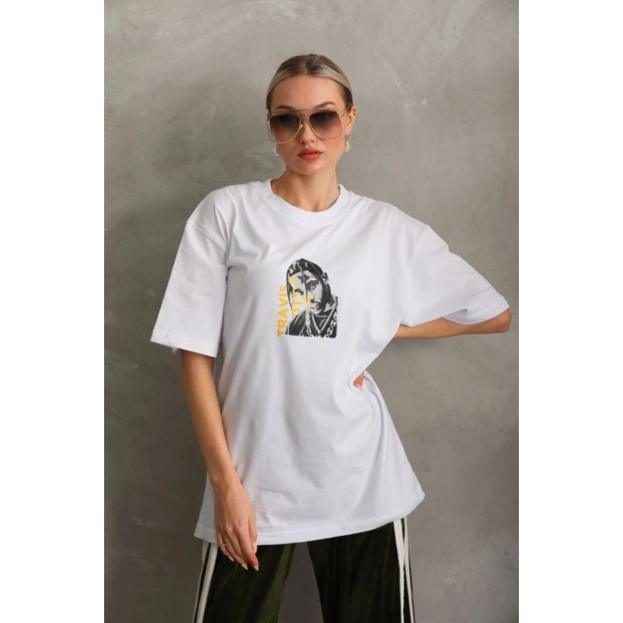 Kadın Baskılı T-Shirt Kısa Kol Bisiklet Yaka Oversize Rahat Kalıp Günlük Tişört - Beyaz