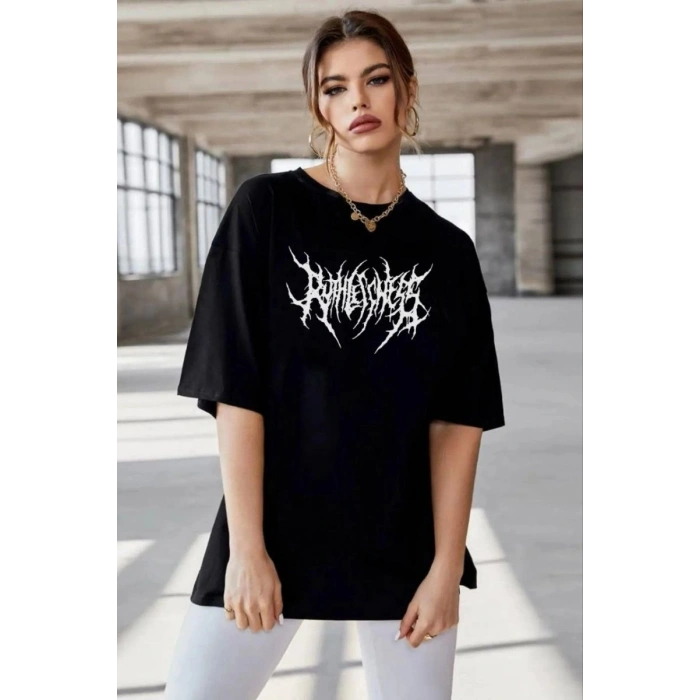 Kadın Baskılı T-Shirt Kısa Kol Bisiklet Yaka Oversize Rahat Kalıp Günlük Tişört   - Siyah