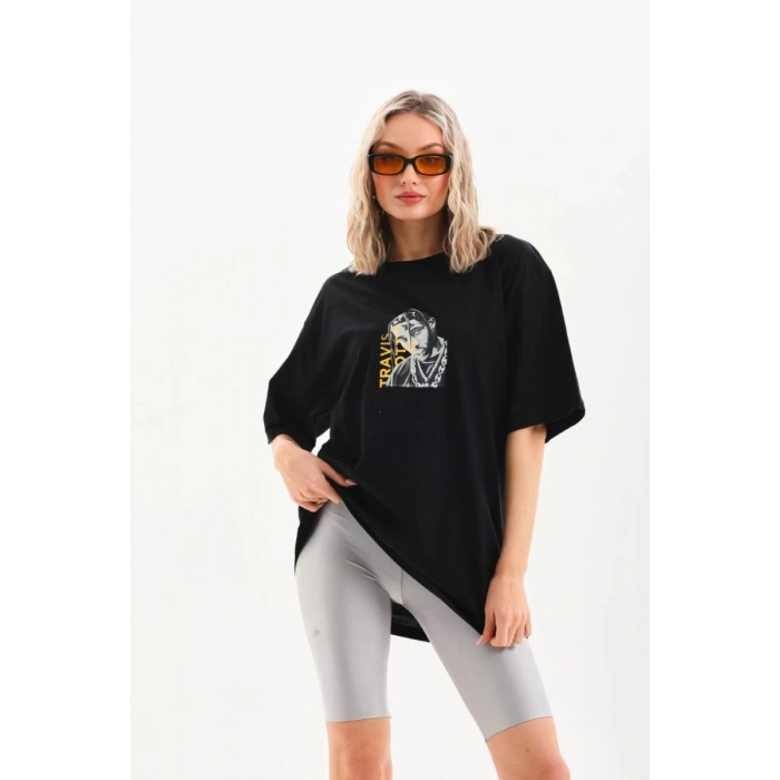 Kadın Baskılı T-Shirt Kısa Kol Bisiklet Yaka Oversize Rahat Kalıp Günlük Tişört - Siyah