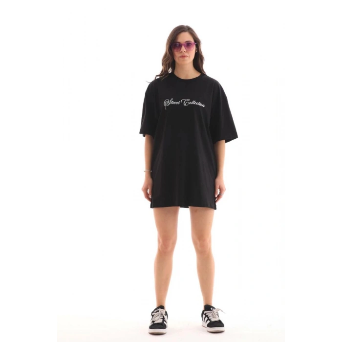 Kadın Baskılı T-Shirt Kısa Kol Bisiklet Yaka Oversize Rahat Kalıp Günlük Tişört - Siyah