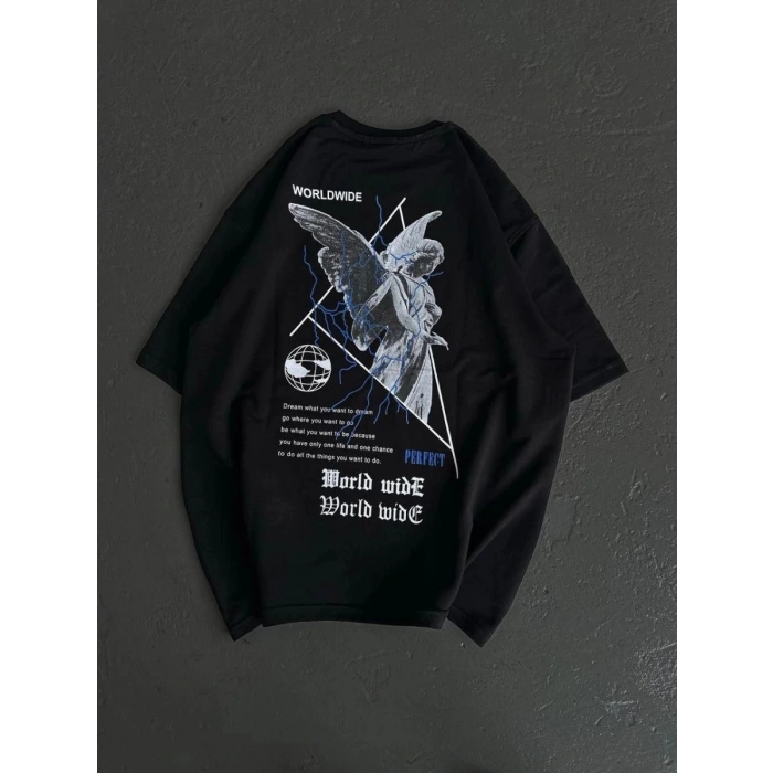 Kadın Baskılı T-Shirt Kısa Kol Bisiklet Yaka Oversize Rahat Kalıp Günlük Tişört   - Siyah