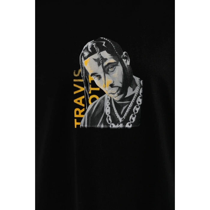 Kadın Baskılı T-Shirt Kısa Kol Bisiklet Yaka Oversize Rahat Kalıp Günlük Tişört - Siyah