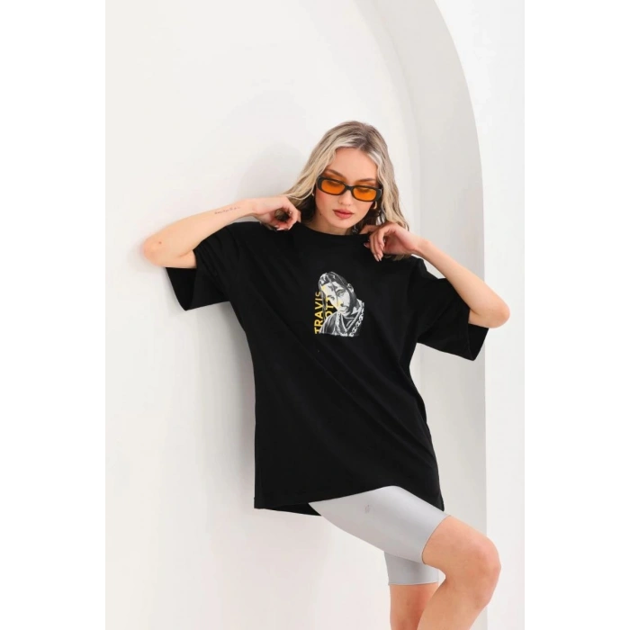 Kadın Baskılı T-Shirt Kısa Kol Bisiklet Yaka Oversize Rahat Kalıp Günlük Tişört - Siyah