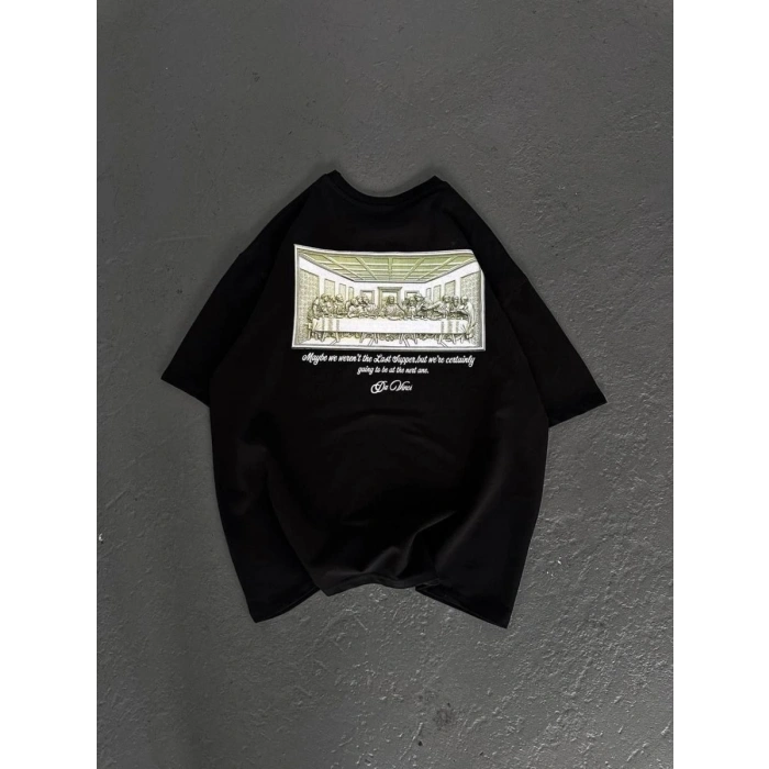 Kadın Baskılı T-Shirt Kısa Kol Bisiklet Yaka Oversize Rahat Kalıp Günlük Tişört - Siyah