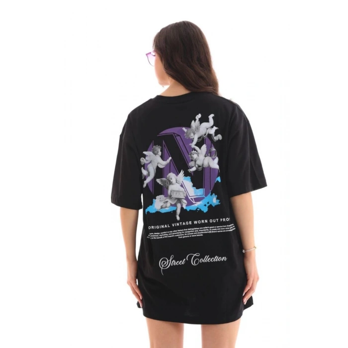 Kadın Baskılı T-Shirt Kısa Kol Bisiklet Yaka Oversize Rahat Kalıp Günlük Tişört - Siyah