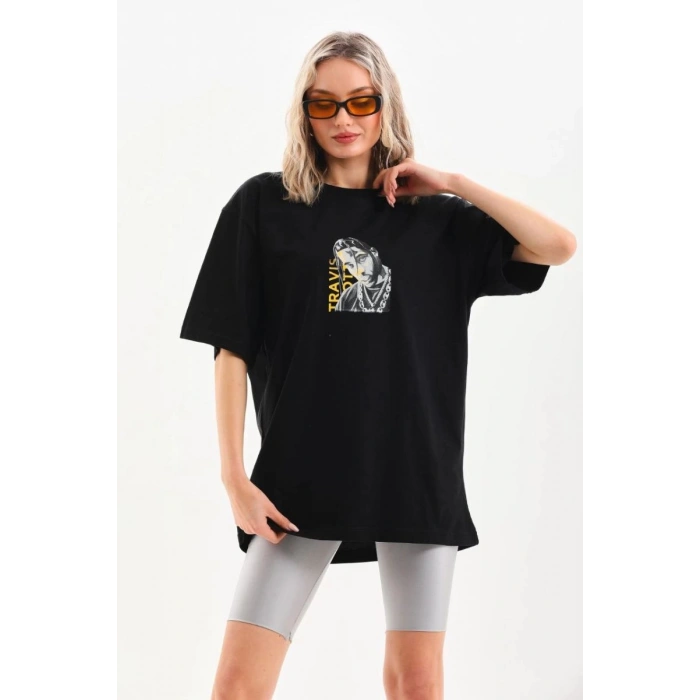 Kadın Baskılı T-Shirt Kısa Kol Bisiklet Yaka Oversize Rahat Kalıp Günlük Tişört - Siyah