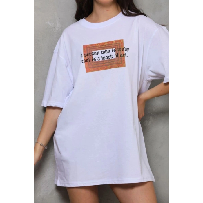 Kadın Baskılı T-Shirt Kısa Kol Bisiklet Yaka Oversize Rahat Kalıp Tişört - Beyaz
