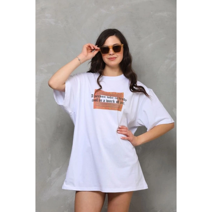 Kadın Baskılı T-Shirt Kısa Kol Bisiklet Yaka Oversize Rahat Kalıp Tişört - Beyaz