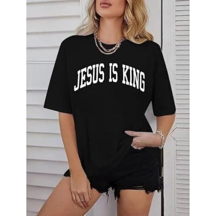 Kadın Baskılı T-Shirt Kısa Kol Bisiklet Yaka Oversize Rahat Kalıp Tişört - Siyah