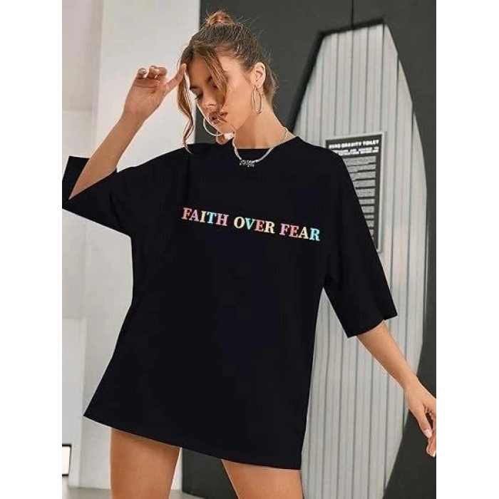 Kadın Baskılı T-Shirt Kısa Kol Bisiklet Yaka Oversize Rahat Kalıp Tişört - Siyah