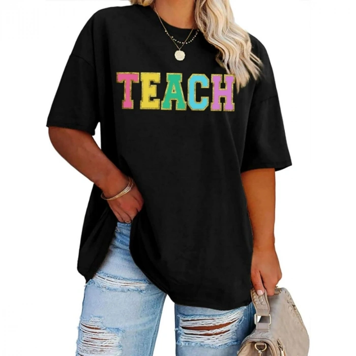 Kadın Baskılı T-Shirt Kısa Kol Bisiklet Yaka Oversize Rahat Kalıp Tişört - Siyah