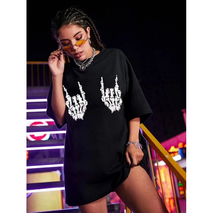 Kadın Baskılı T-Shirt Kısa Kol Bisiklet Yaka Oversize Rahat Kalıp Tişört - Siyah