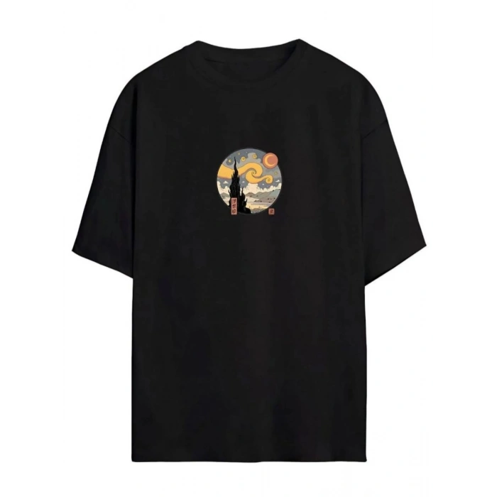 Kadın Baskılı T-Shirt Kısa Kol Bisiklet Yaka Oversize Rahat Kalıp Tişört - Siyah