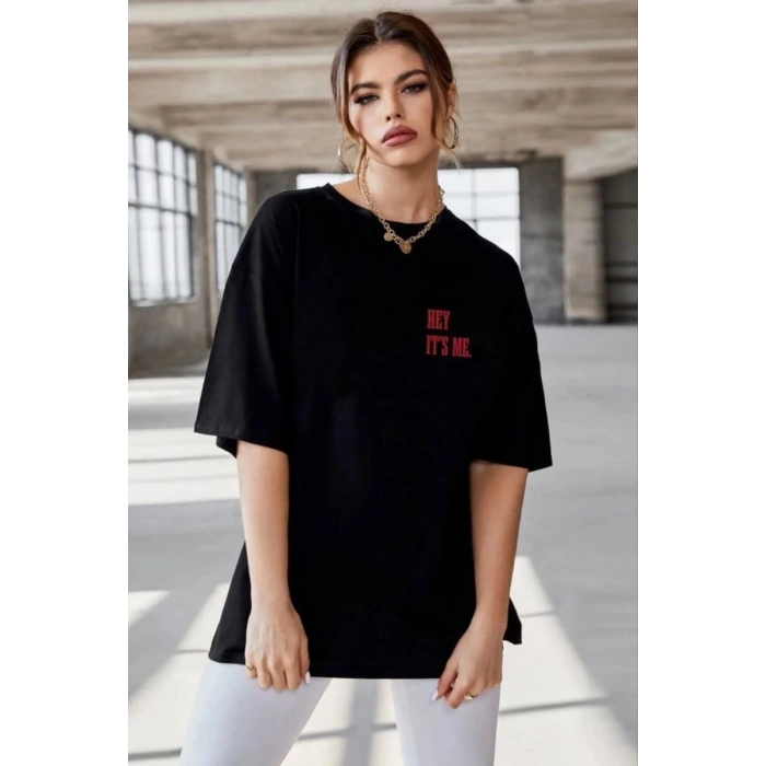 Kadın Baskılı T-Shirt Kısa Kol Bisiklet Yaka Oversize Rahat Kalıp Tişört - Siyah
