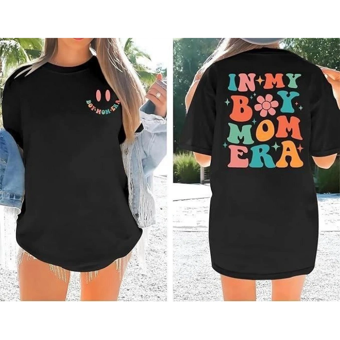 Kadın Baskılı T-Shirt Kısa Kol Bisiklet Yaka Oversize Rahat Kalıp Tişört - Siyah