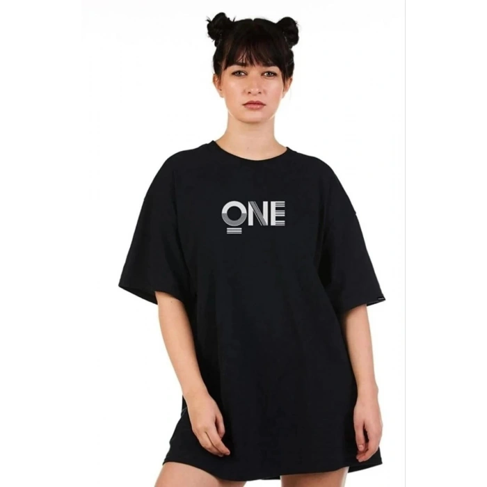 Kadın Baskılı T-Shirt Kısa Kol Bisiklet Yaka Oversize Rahat Kalıp Tişört - Siyah