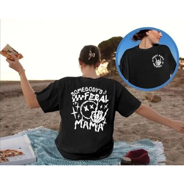 Kadın Baskılı T-Shirt Kısa Kol Bisiklet Yaka Oversize Rahat Kalıp Tişört - Siyah