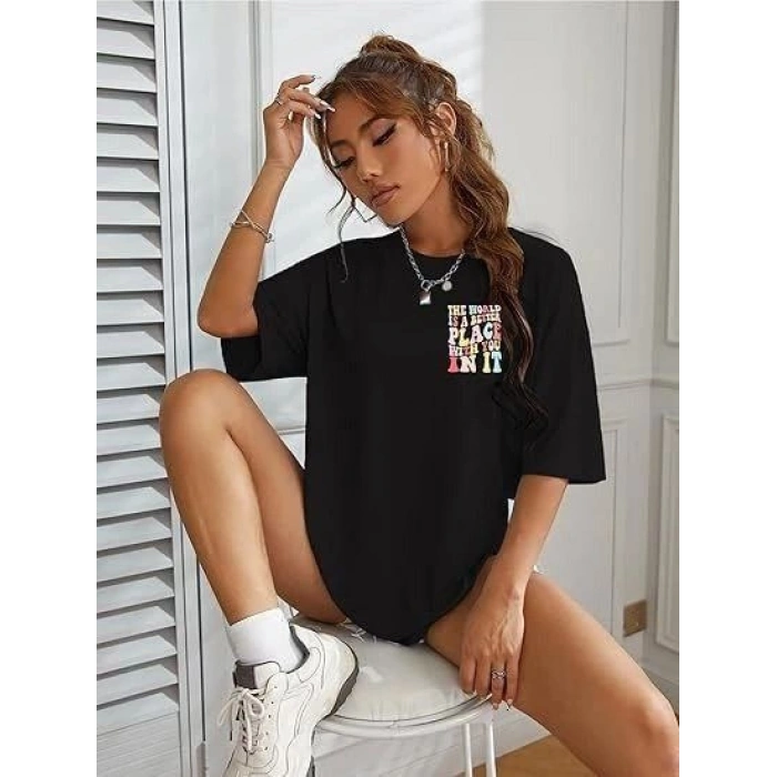 Kadın Baskılı T-Shirt Kısa Kol Bisiklet Yaka Oversize Rahat Kalıp Tişört - Siyah