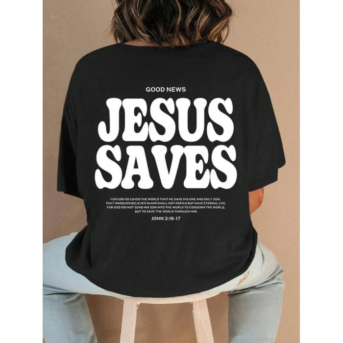 Kadın Baskılı T-Shirt Kısa Kol Bisiklet Yaka Oversize Rahat Kalıp Tişört - Siyah