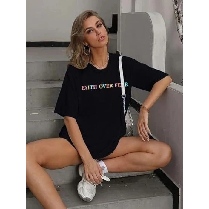 Kadın Baskılı T-Shirt Kısa Kol Bisiklet Yaka Oversize Rahat Kalıp Tişört - Siyah