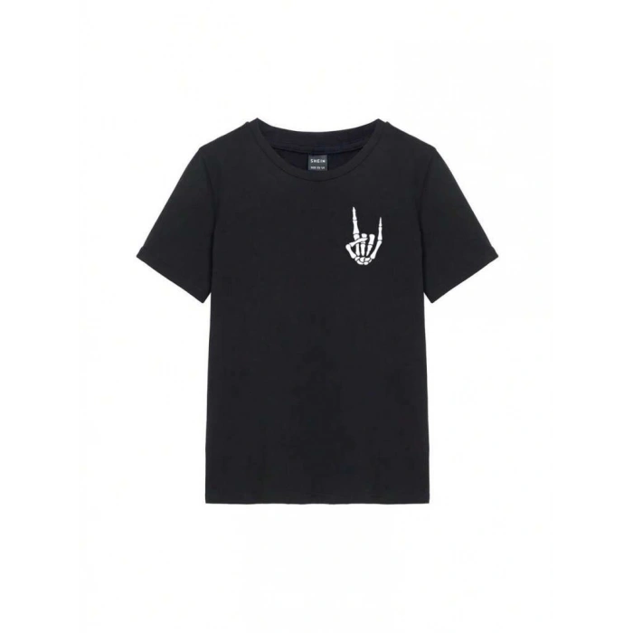 Kadın Baskılı T-Shirt Kısa Kol Bisiklet Yaka Oversize Rahat Kalıp Tişört - Siyah