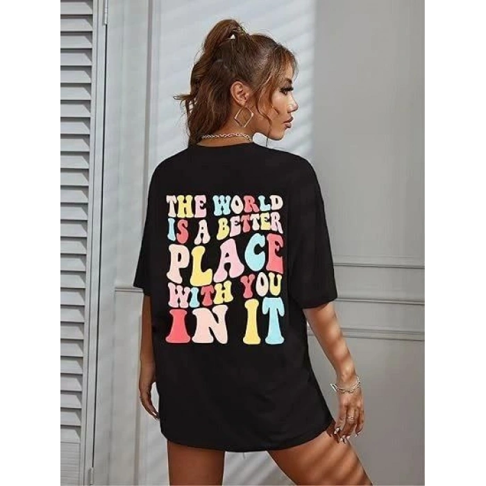 Kadın Baskılı T-Shirt Kısa Kol Bisiklet Yaka Oversize Rahat Kalıp Tişört - Siyah