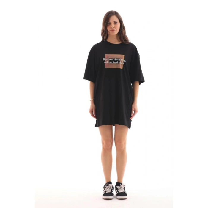 Kadın Baskılı T-Shirt Kısa Kol Bisiklet Yaka Oversize Rahat Kalıp Tişört - Siyah