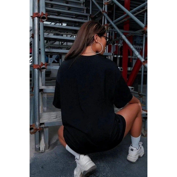 Kadın Baskılı T-Shirt Kısa Kol Bisiklet Yaka Oversize Rahat Kalıp Tişört - Siyah