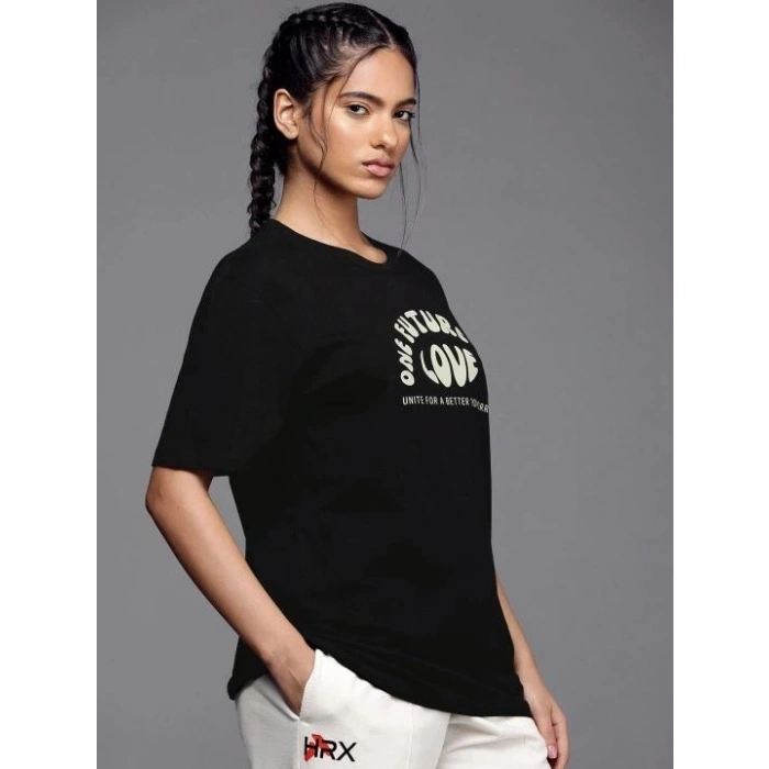 Kadın Baskılı T-Shirt Kısa Kol Bisiklet Yaka Oversize Rahat Kalıp Tişört - Siyah