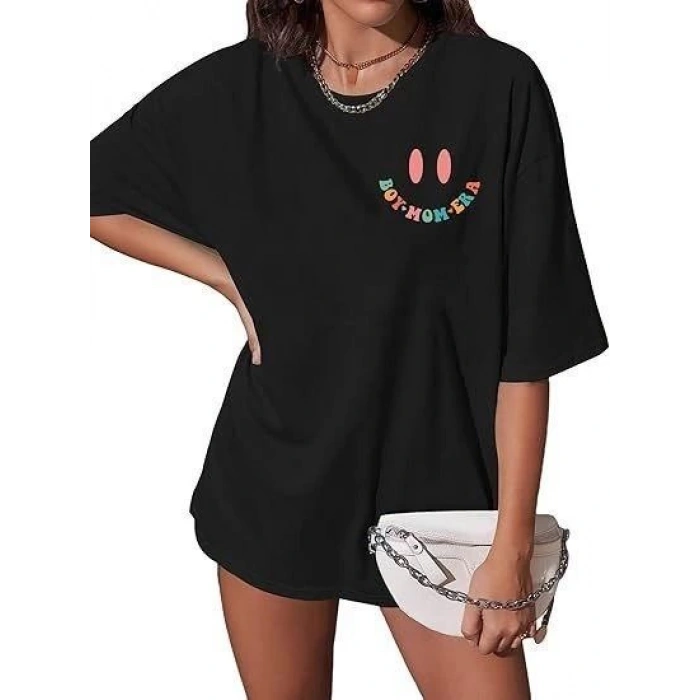Kadın Baskılı T-Shirt Kısa Kol Bisiklet Yaka Oversize Rahat Kalıp Tişört - Siyah
