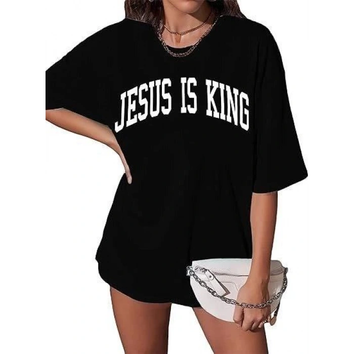 Kadın Baskılı T-Shirt Kısa Kol Bisiklet Yaka Oversize Rahat Kalıp Tişört - Siyah