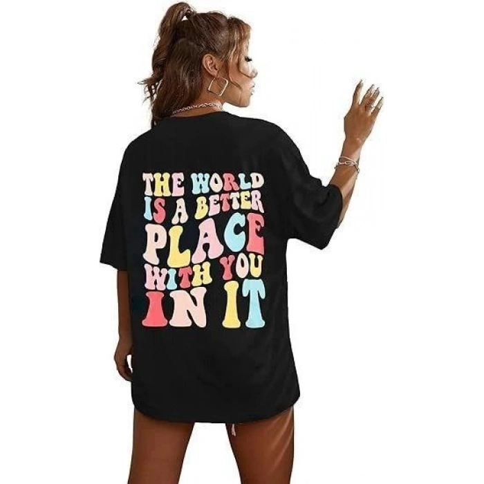 Kadın Baskılı T-Shirt Kısa Kol Bisiklet Yaka Oversize Rahat Kalıp Tişört - Siyah