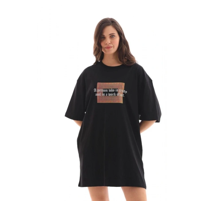 Kadın Baskılı T-Shirt Kısa Kol Bisiklet Yaka Oversize Rahat Kalıp Tişört - Siyah