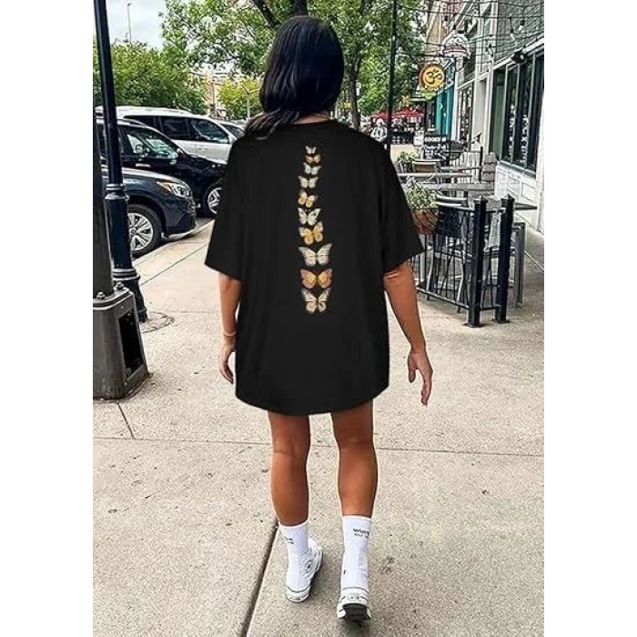 Kadın Baskılı T-Shirt Kısa Kol Bisiklet Yaka Oversize Rahat Kalıp Tişört - Siyah