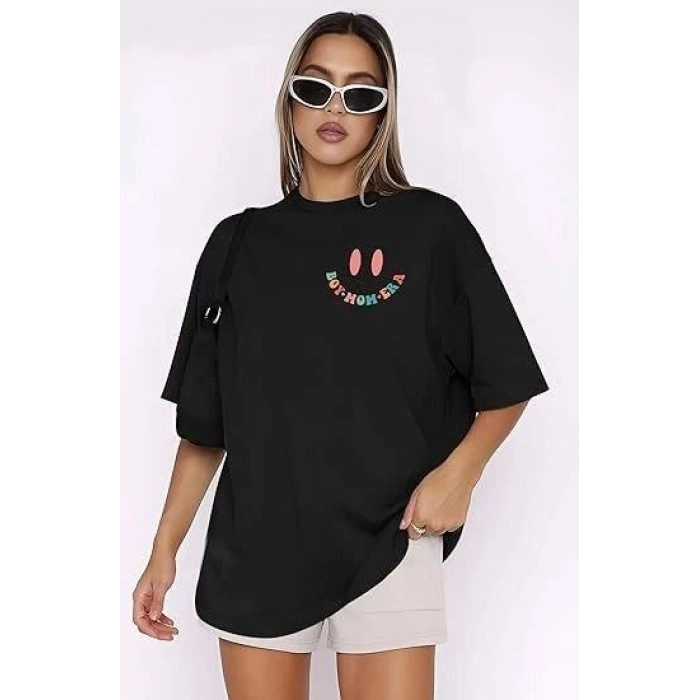 Kadın Baskılı T-Shirt Kısa Kol Bisiklet Yaka Oversize Rahat Kalıp Tişört - Siyah