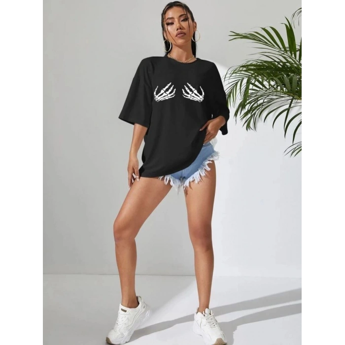 Kadın Baskılı T-Shirt Kısa Kol Bisiklet Yaka Oversize Rahat Kalıp Tişört - Siyah
