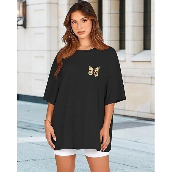 Kadın Baskılı T-Shirt Kısa Kol Bisiklet Yaka Oversize Rahat Kalıp Tişört - Siyah