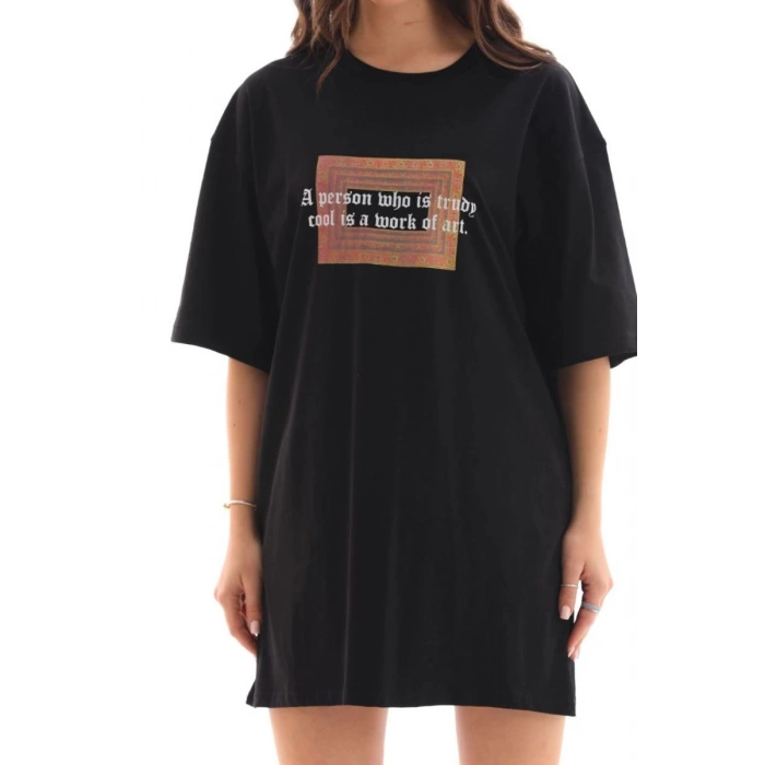 Kadın Baskılı T-Shirt Kısa Kol Bisiklet Yaka Oversize Rahat Kalıp Tişört - Siyah