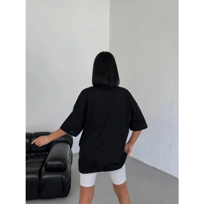 Kadın Baskılı T-Shirt Kısa Kol Bisiklet Yaka Oversize Tişört - Siyah
