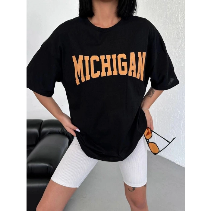 Kadın Baskılı T-Shirt Kısa Kol Bisiklet Yaka Oversize Tişört - Siyah