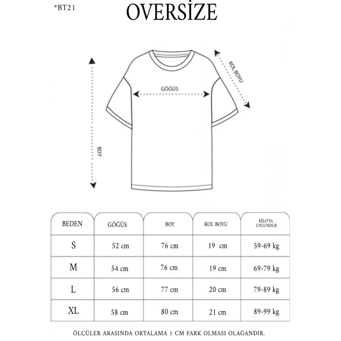 Kadın Baskılı T-Shirt Kısa Kol Bisiklet Yaka Oversize Tişört - Siyah