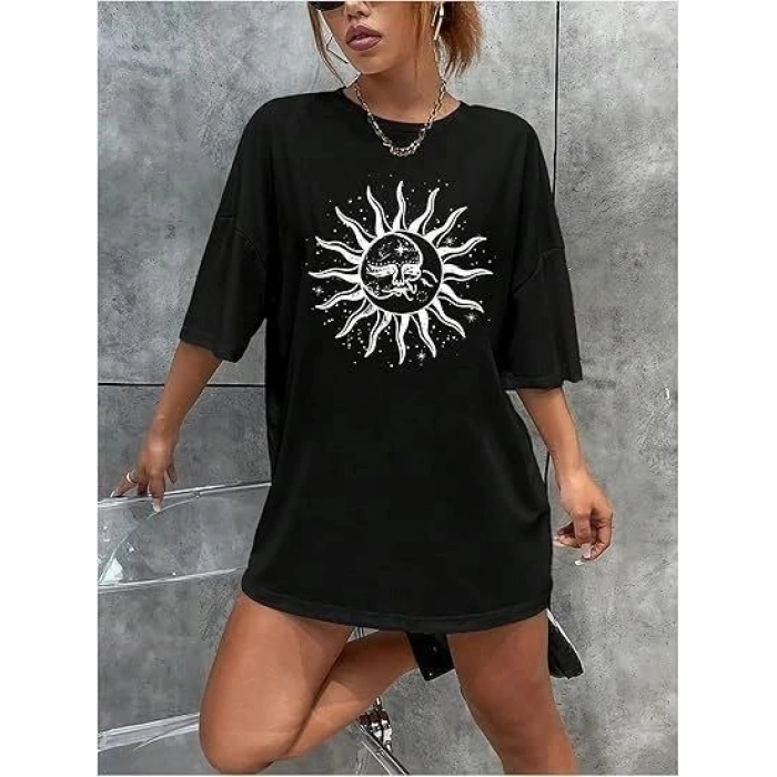 Kadın Baskılı T-Shirt Kısa Kol Bisiklet Yaka Regular Fit Rahat Kalıp Tişört - Siyah