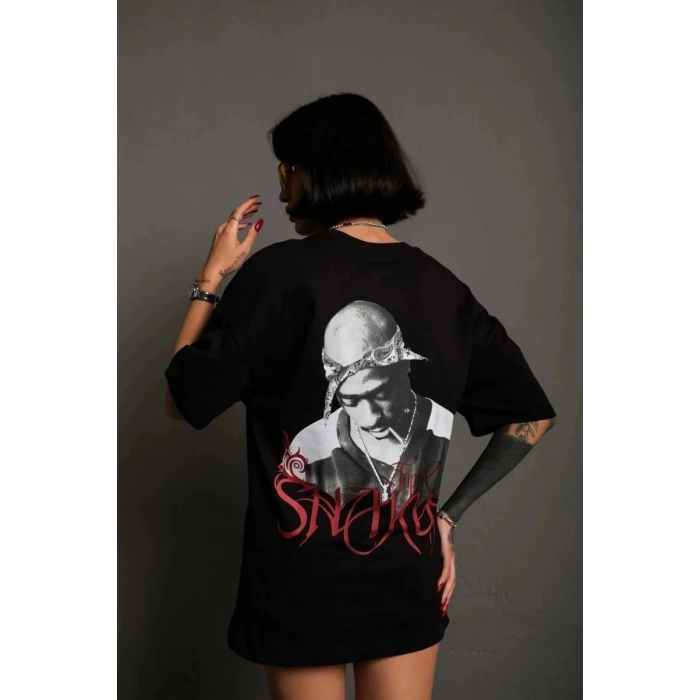 Kadın Baskılı T-Shirt Oversize Kısa kol Bisiklet yaka tişort- Siyah