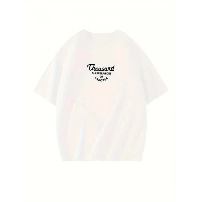 Kadın Baskılı Tişört Bisiklet yaka yazlık Kısa Kol oversize t-shirt - Beyaz