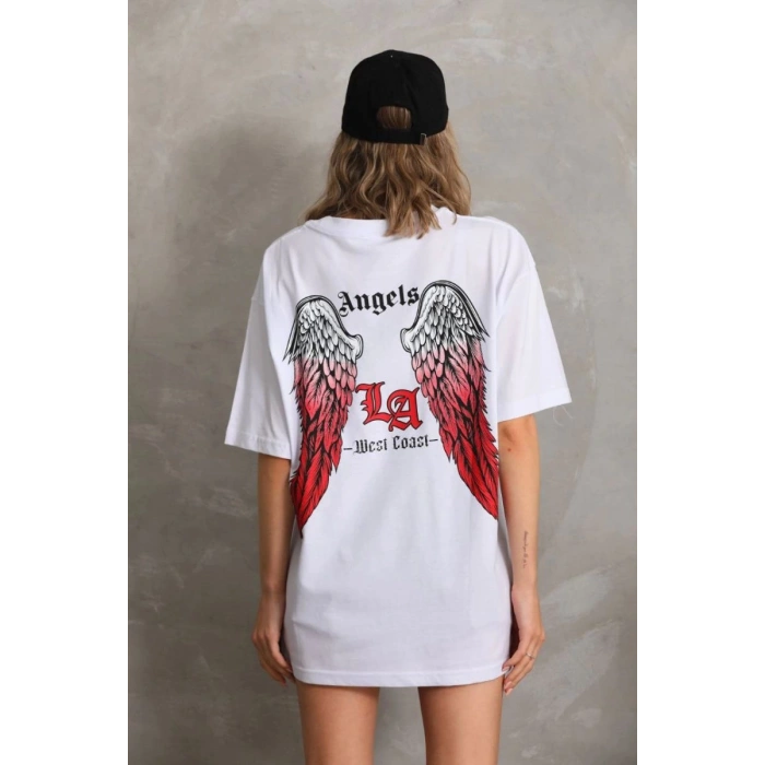 Kadın Baskılı Tişört Kısa Kol Bisiklet Yaka Oversize T-Shirt - Beyaz